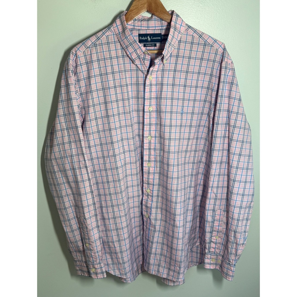 Ralph Lauren Classic Fit Shirt Mens XL 17 Pink Blue Plaid Button Down L/S